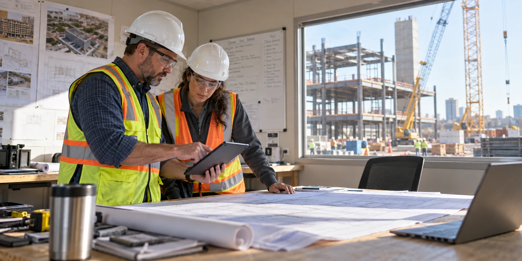 Construction IT and VDC leaders review an AI copilot pilot plan in a jobsite operations office.