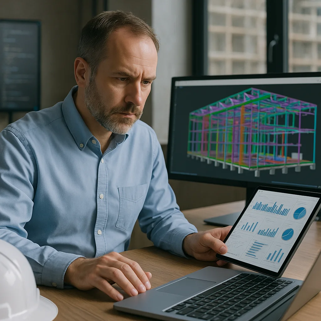 A middle-aged man in a blue button-down shirt sits at a desk holding a tablet showing bar charts and pie graphs, with a multicolored 3D BIM building framework model visible on a large monitor behind him and a white hard hat on the desk corner.