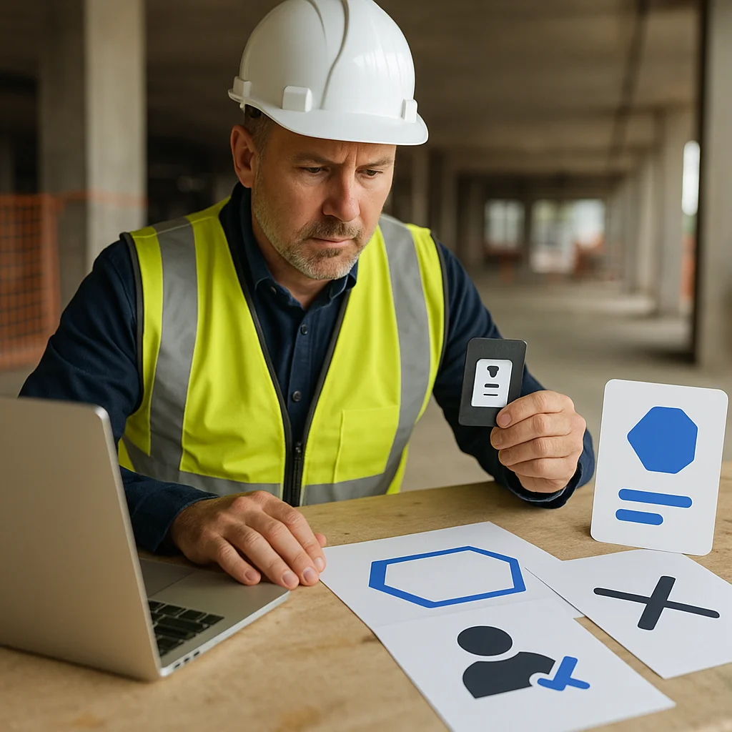 A middle-aged man in a white hard hat and hi-vis vest sits at a worksite desk holding a dark ID card while examining printed cards and sheets displaying blue hexagons, a user-blocked icon, and an X symbol, with an open laptop beside him in an unfinished concrete building.