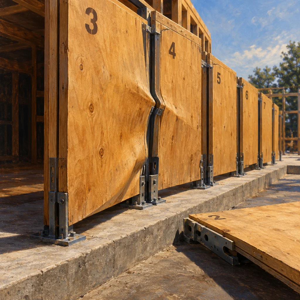 A row of large numbered plywood panels labeled 2 through 7 are bolted to a concrete sill with metal brackets at a wood-framed construction site under a partly cloudy sky, with one panel between numbers 3 and 4 showing a prominent wave-like bulge distortion.