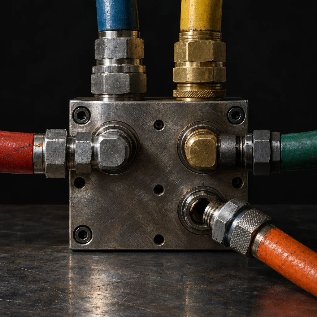 A heavy steel manifold block sits on a metal surface with five rubber hoses in red, blue, yellow, green, and orange connected via mismatched brass and steel fittings on all four sides against a dark background.