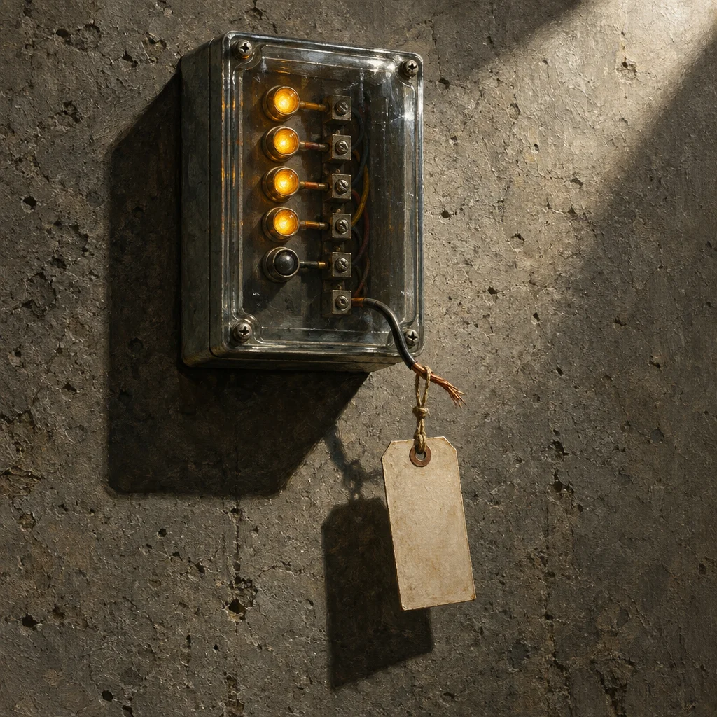 A corroded metal enclosure with a clear lid, four lit amber indicator lights, and wired terminal blocks is bolted to a rough concrete wall, with a frayed wire suspending a blank aged paper tag beneath it.