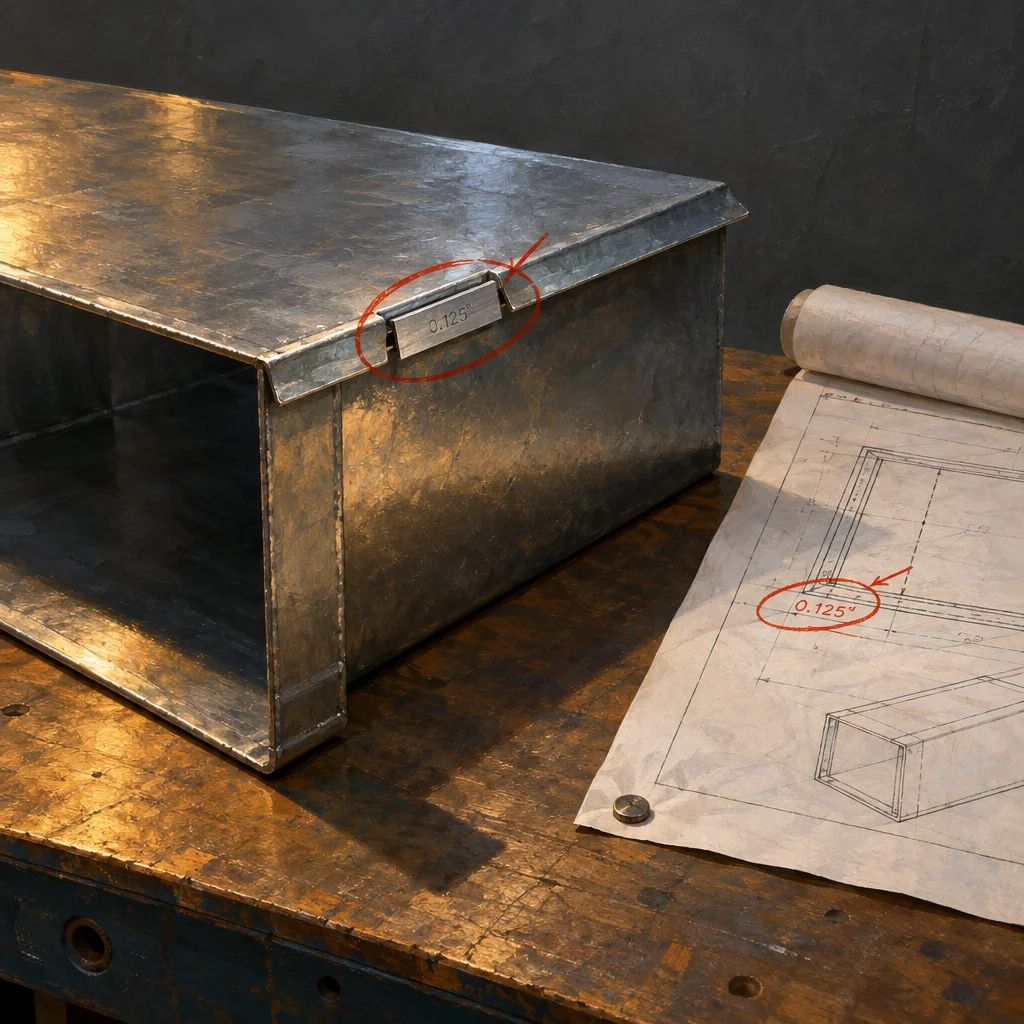 A raw steel fabricated box with a stamped label reading 0.125 inches circled in red sits on a worn wooden workbench next to an unrolled blueprint drawing of the same box with the matching 0.125-inch dimension also circled in red, against a dark gray background.