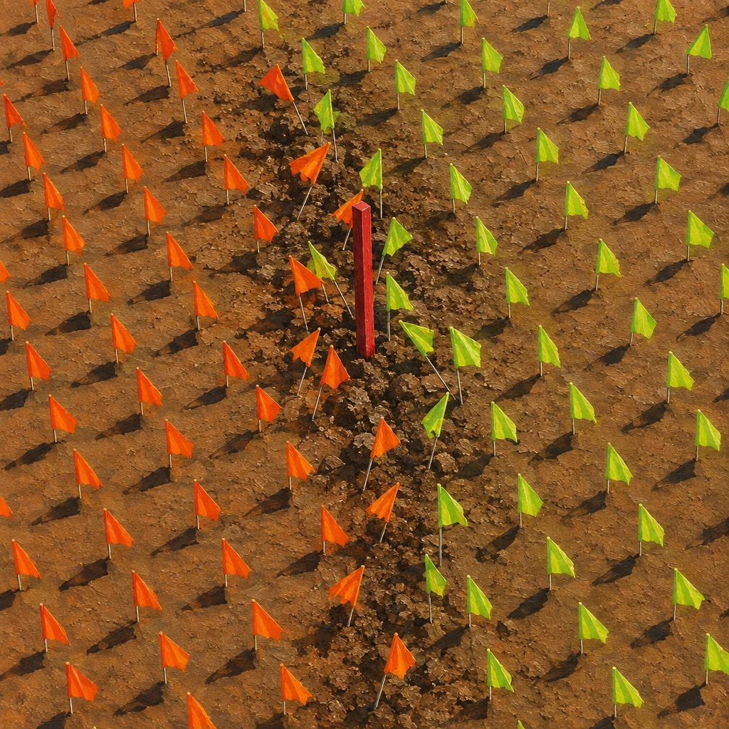 An aerial view of a dirt field covered with a dense grid of small orange survey flags on the left half and yellow-green flags on the right half, separated by a narrow disturbed soil trench running vertically through the center, with a single red stake planted at the midpoint of the trench.