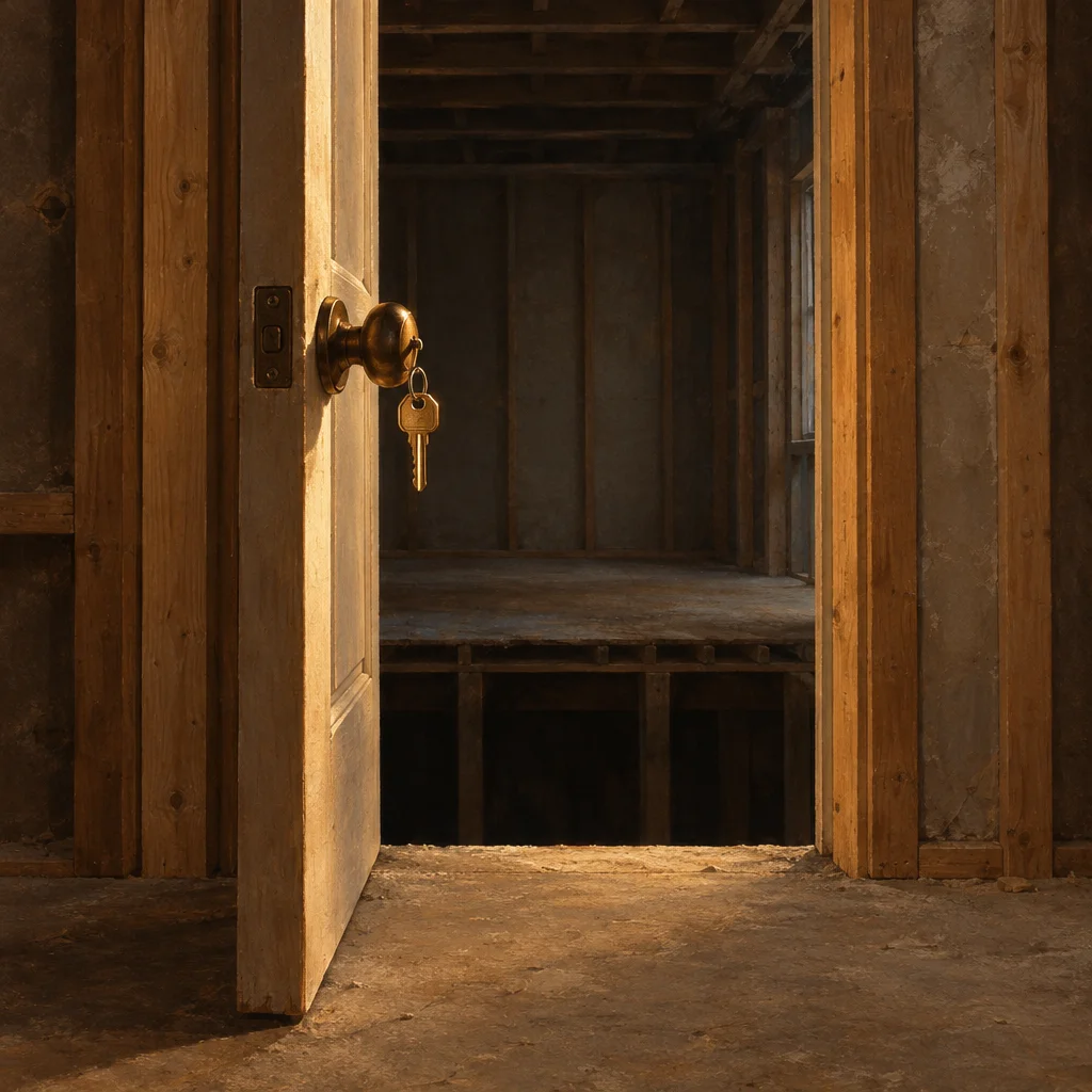 A white paneled door stands open with a brass knob and two keys on a ring hanging from the lock, revealing a dim unfinished wood-framed interior with exposed joists, bare concrete floor, and no furnishings.