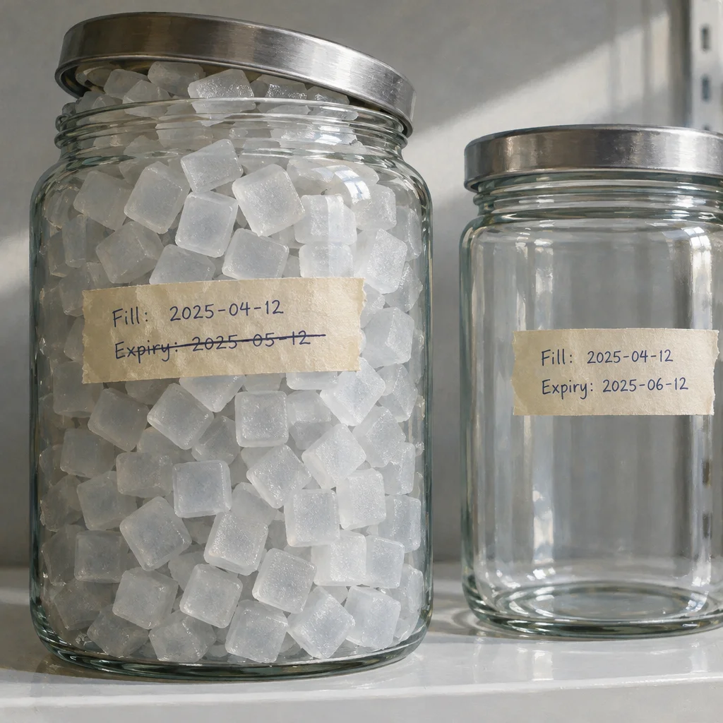 Two glass jars with silver lids sit on a white shelf, the larger one packed with small white translucent cubes and labeled Fill 2025-04-12 with Expiry 2025-05-12 crossed out in blue ink, and the smaller empty jar beside it labeled Fill 2025-04-12 with Expiry 2025-06-12 not crossed out.