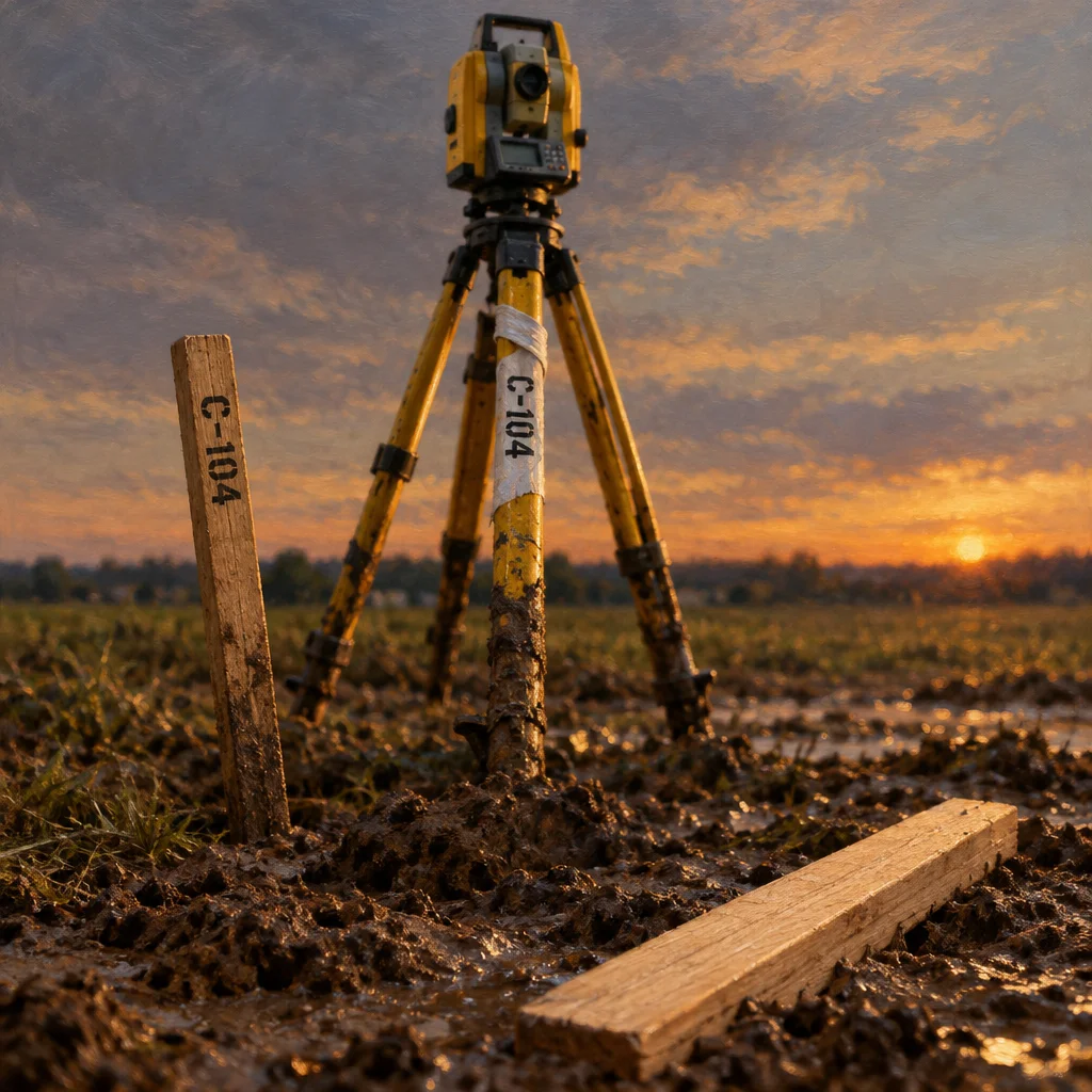 A yellow total station on a muddy tripod with a white label reading C-104 stands in a wet plowed field at sunset, flanked by a wooden stake also stamped C-104 driven into the mud and a loose wooden board lying flat in the foreground.