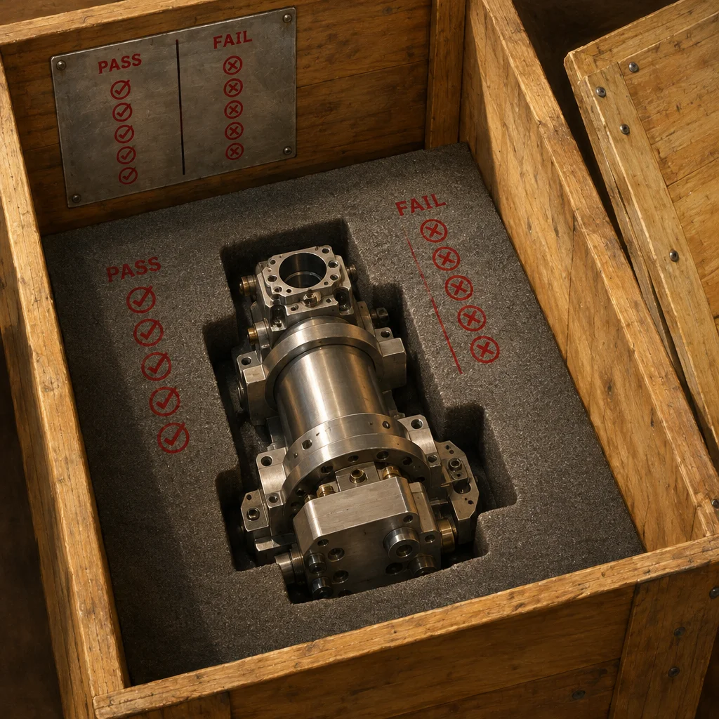 A precision-machined stainless steel cylindrical assembly sits secured in gray foam cutouts inside an open wooden shipping crate, with a metal plate on the interior wall and printed markings on the foam both showing two columns labeled PASS with red checkmarks and FAIL with red X marks.
