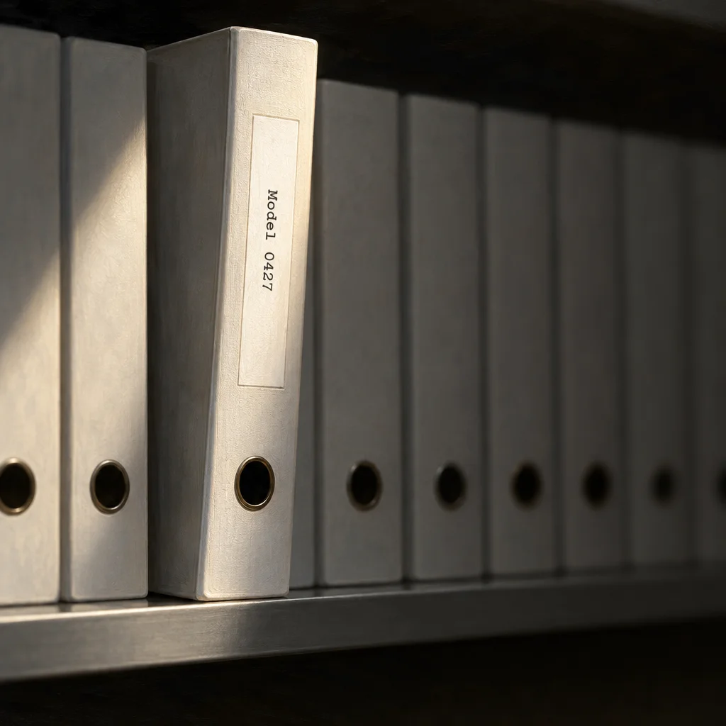 A row of identical white ring binders on a dark metal shelf, with one binder pulled slightly forward bearing a spine label reading 'Model 0427' while all surrounding binders have blank spines.