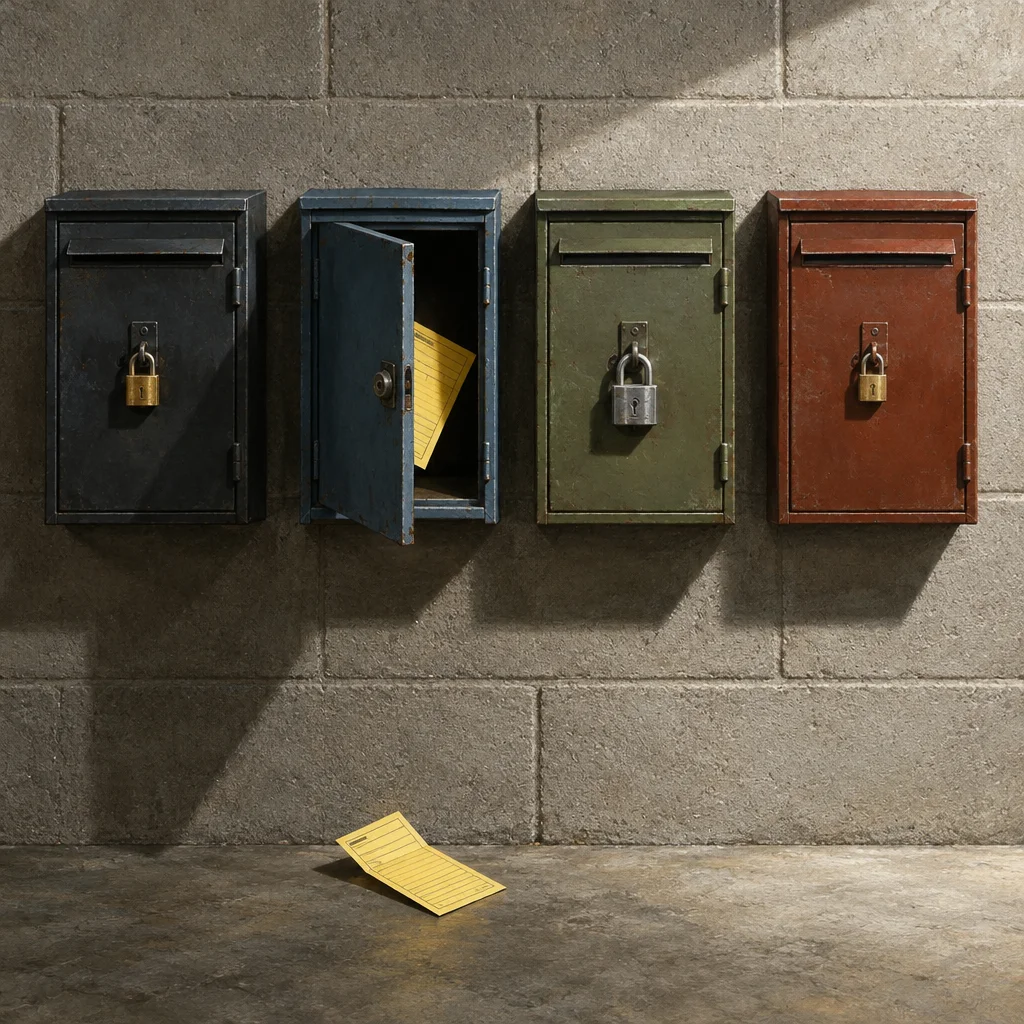 Four metal wall-mounted drop boxes in black, blue, olive, and rust are mounted on a concrete block wall, with the black, olive, and rust boxes secured by brass padlocks while the blue box hangs open revealing a yellow ruled card partially inside, and a second identical yellow card lies flat on the concrete floor below.