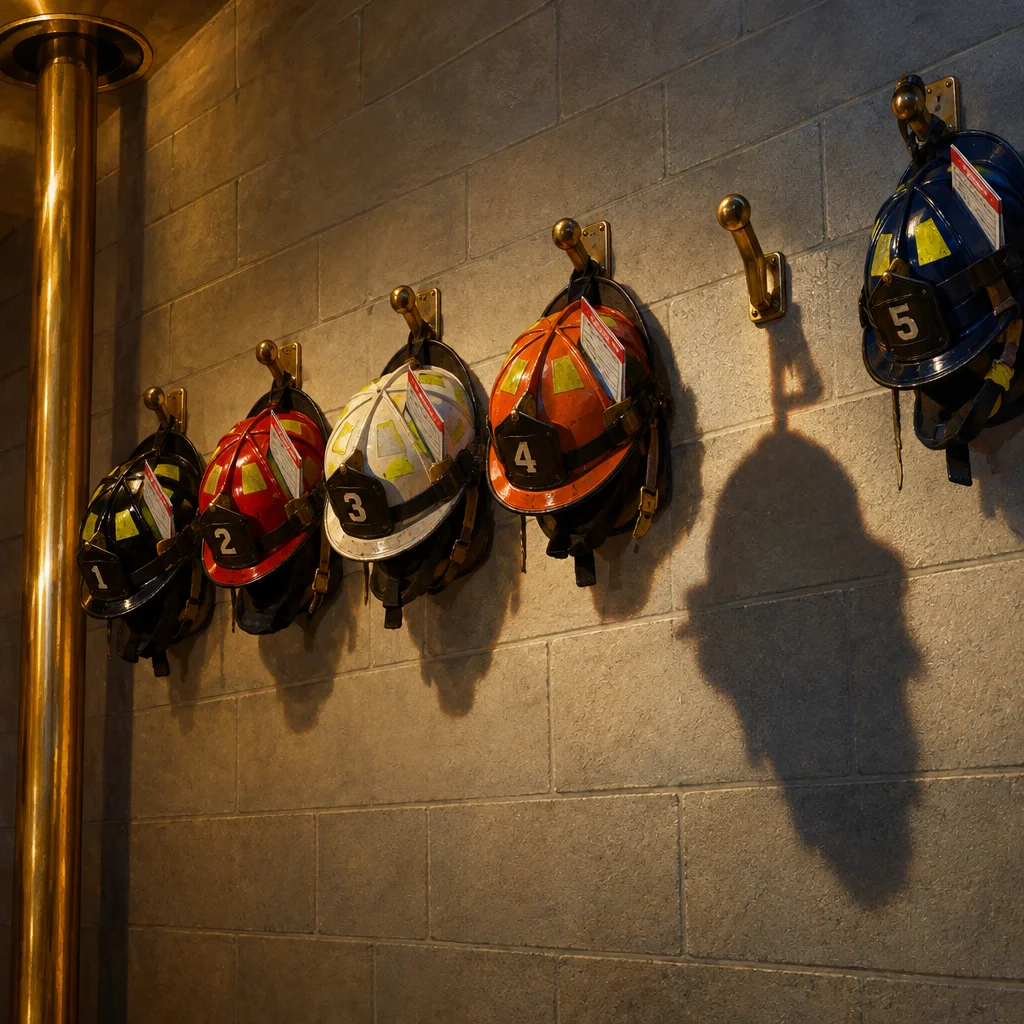 Five firefighter helmets numbered 1 through 5 in black, red, white, orange, and blue hang on individual brass wall hooks mounted to a concrete block wall, with a brass fire pole visible at the left edge and the shadow of helmet 5 cast prominently on the wall beside an empty hook.