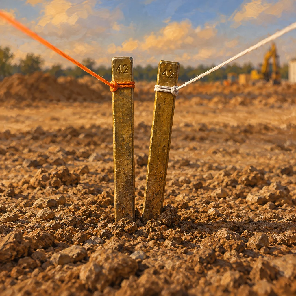 Two brass survey stakes both stamped with the number 42 are driven close together into loose clay soil at a construction site, with an orange string tied to the left stake and a white rope tied to the right stake running off in divergent directions, while earthmoving equipment and a cloudy sky are visible in the blurred background.