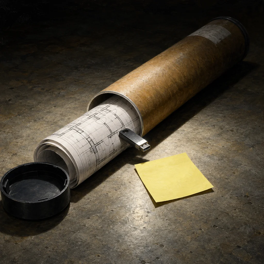A weathered cardboard tube lies on a concrete floor with its black end cap removed, revealing a rolled set of architectural blueprints partially sliding out alongside a small metal USB drive, with a blank yellow sticky note resting nearby under a single spotlight.