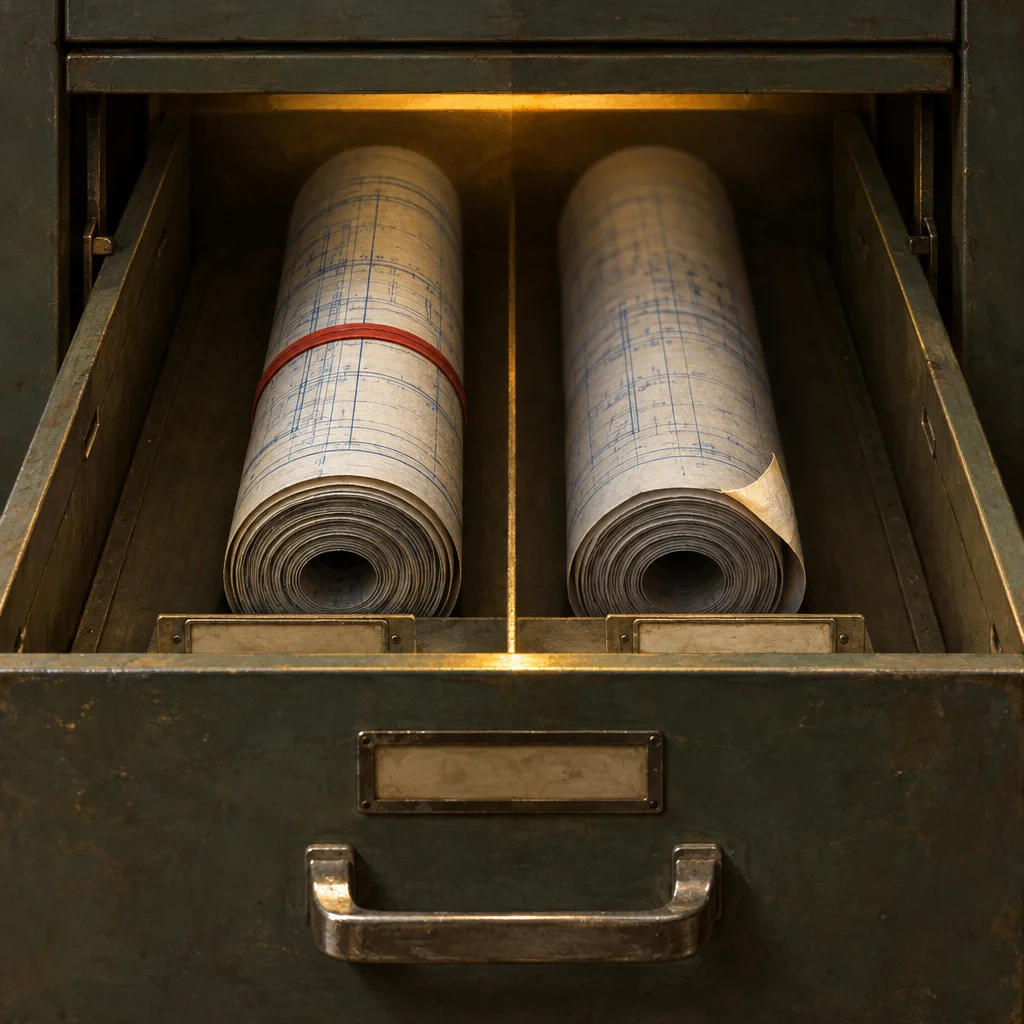 An open metal filing cabinet drawer with a brass divider contains two large rolls of aged paper documents printed with blue grid lines and handwritten notations, the left roll secured with a red rubber band and the right roll unsecured with a curling edge, lit from above by a warm amber glow.