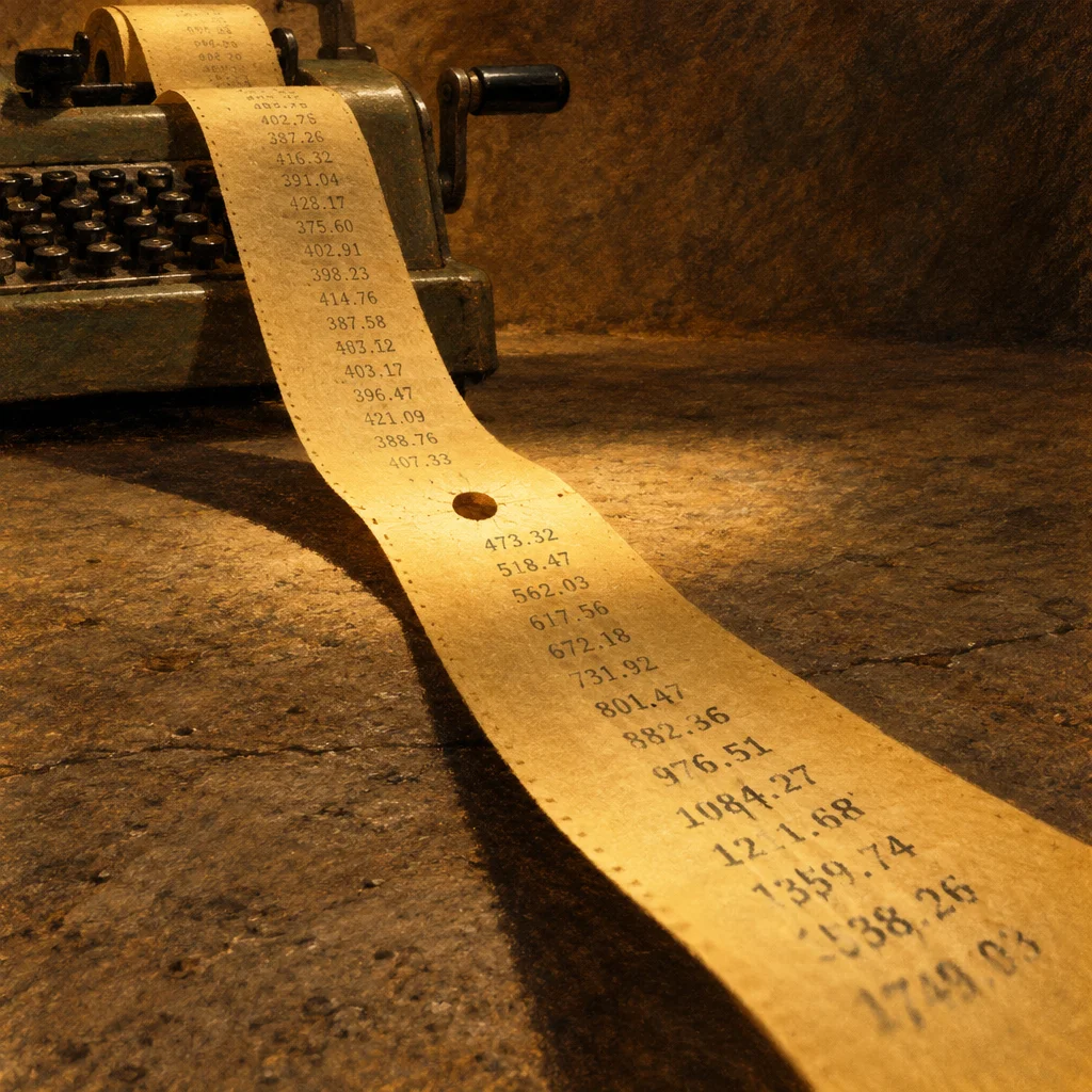 A long paper adding machine tape unrolls from a vintage mechanical calculator onto a stone floor, printed with columns of dollar figures that grow progressively larger from values in the 300s and 400s near the machine to values in the 1700s at the foreground edge.