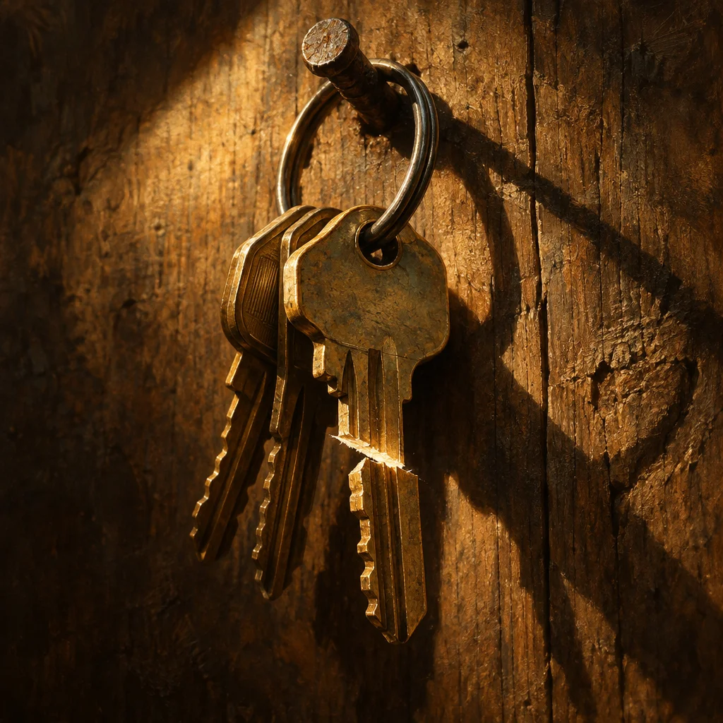 Five aged brass keys on a metal split ring hang from a single iron nail driven into a weathered wooden wall, lit by a dramatic shaft of warm light that casts a sharp shadow of the key cluster against the wood grain.