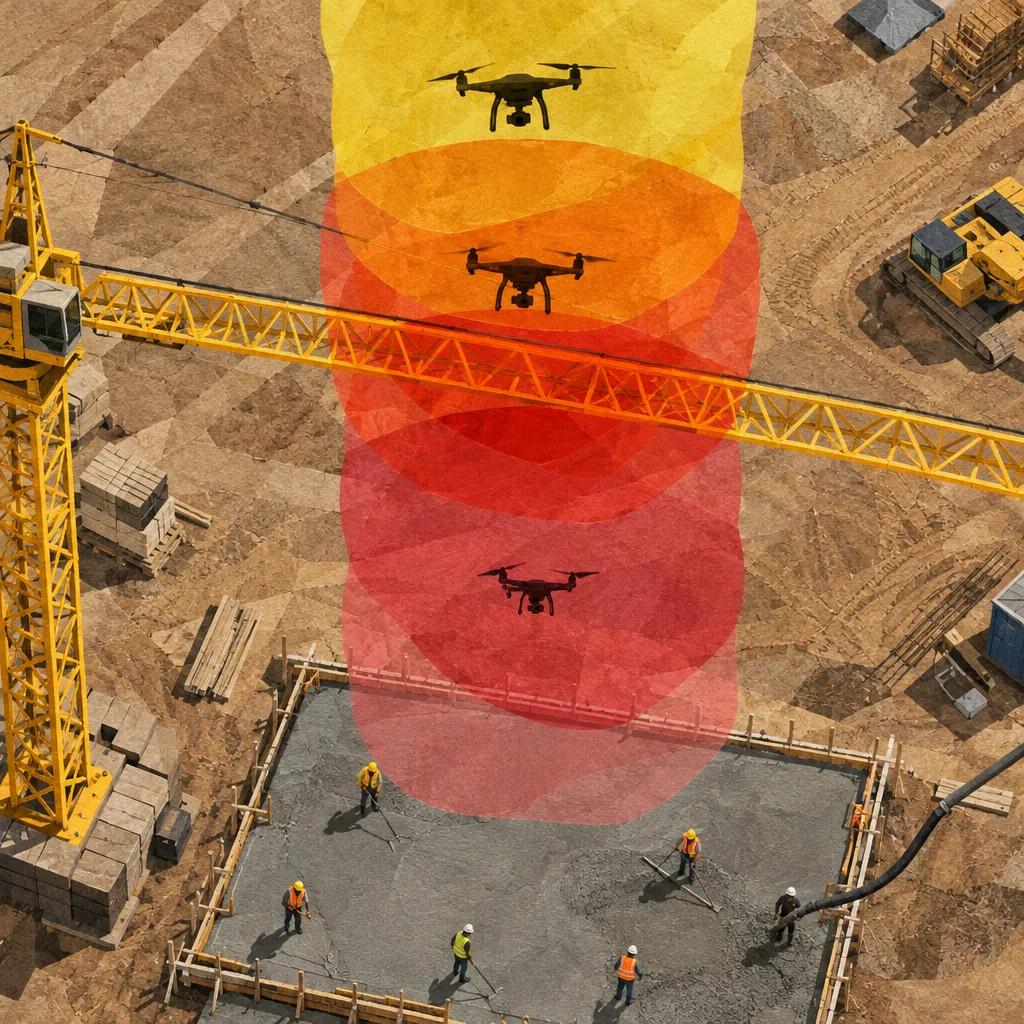 An aerial view of an active construction site shows three quadcopter drone silhouettes at descending altitudes within a vertical column of overlapping translucent ellipses that grade from yellow at the top through orange to deep red near the ground, where five workers in high-visibility vests and hard hats finish a concrete pour inside a formed foundation, with a yellow tower crane arm crossing through the middle of the airspace column and heavy equipment visible in the background.