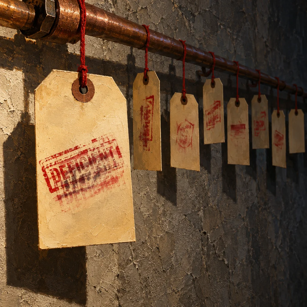 Ten aged cream-colored rectangular tags with rounded tops and punched holes hang by red cord from a horizontal copper pipe mounted against a rough gray textured wall, the nearest and largest tag bearing a bold red rubber-stamp impression reading DEFICIENT, while the smaller tags receding into the background each show faded red stamp marks of decreasing legibility.