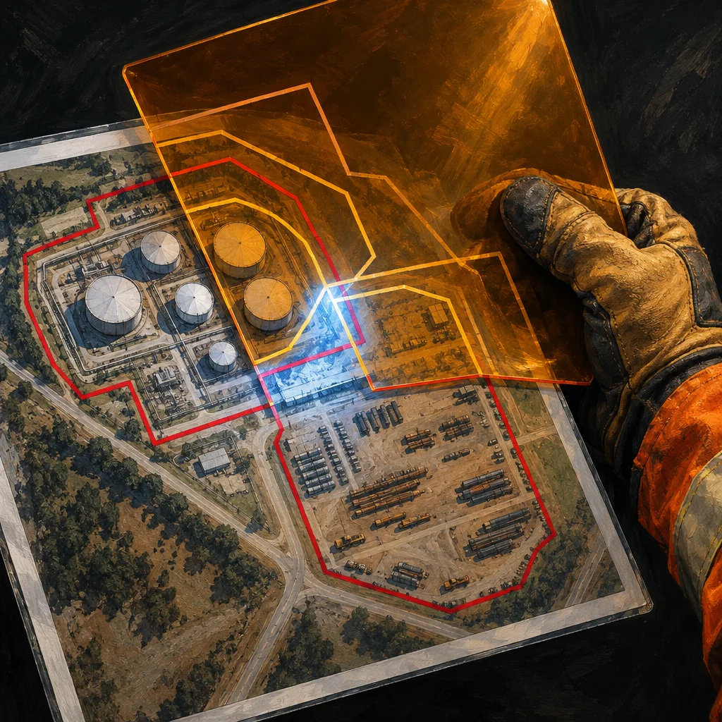 A worn leather work glove holds a translucent amber sheet printed with glowing red and yellow polygonal geofence boundaries over an aerial photograph of an industrial facility showing storage tanks, vehicle staging areas, and access roads, with a bright intersection point where the overlay meets the map below.