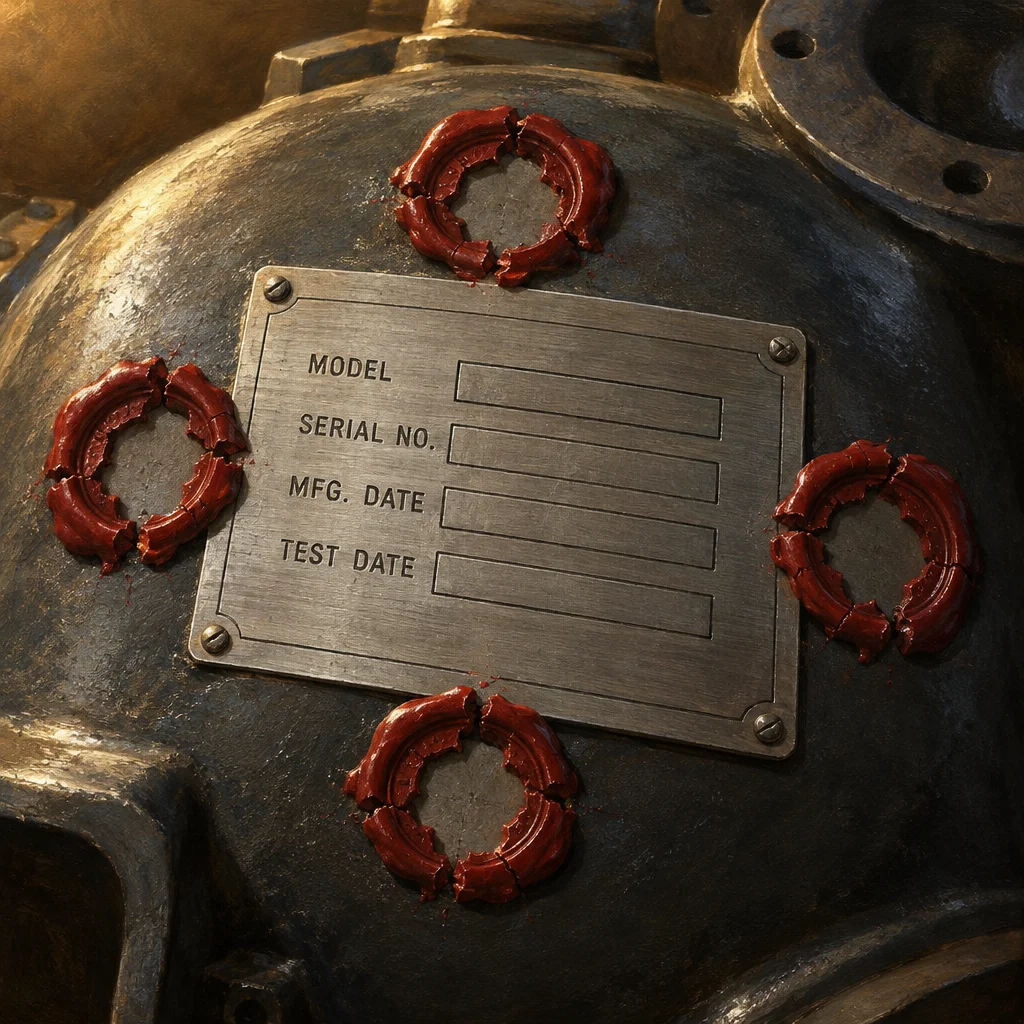 A brushed metal nameplate with embossed fields labeled Model, Serial No., MFG. Date, and Test Date, all left blank, is screwed onto a dark curved industrial vessel surrounded by four red wax seals arranged at cardinal positions around the plate.