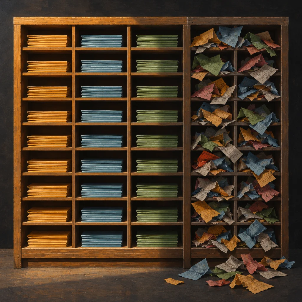 A wooden shelving unit split down the center shows the left half holding tidy stacks of uniformly colored yellow, blue, and green paper in every cubby, while the right half contains the same papers crumpled, multicolored, chaotically jumbled in the cubbies and overflowing onto the floor.