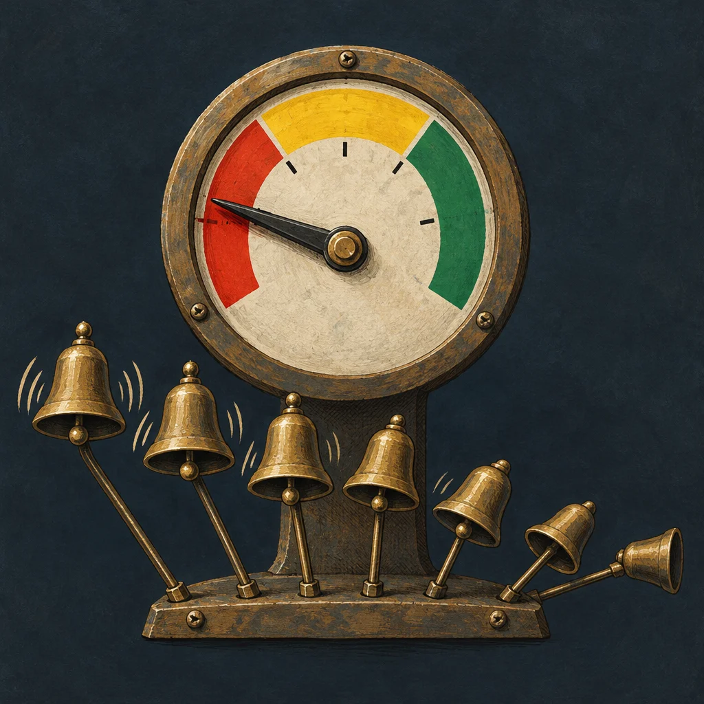A brass-framed circular gauge with red, yellow, and green arc zones has its needle buried in the red section, mounted above a base from which seven brass bells on rods radiate outward in various states of visible vibration.