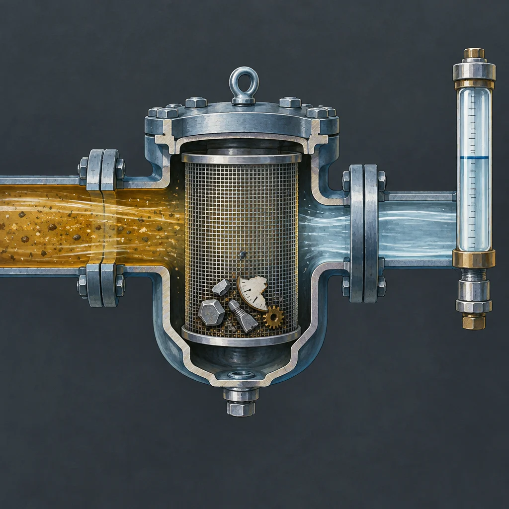 A cross-section illustration of an industrial Y-strainer with dirty amber fluid and suspended particles flowing in from the left pipe, a cylindrical mesh filter basket collecting bolts, gears, and other metal debris in its lower bowl, and clean blue fluid exiting right through a flanged pipe toward a vertical glass sight gauge with graduation marks and a blue water line.