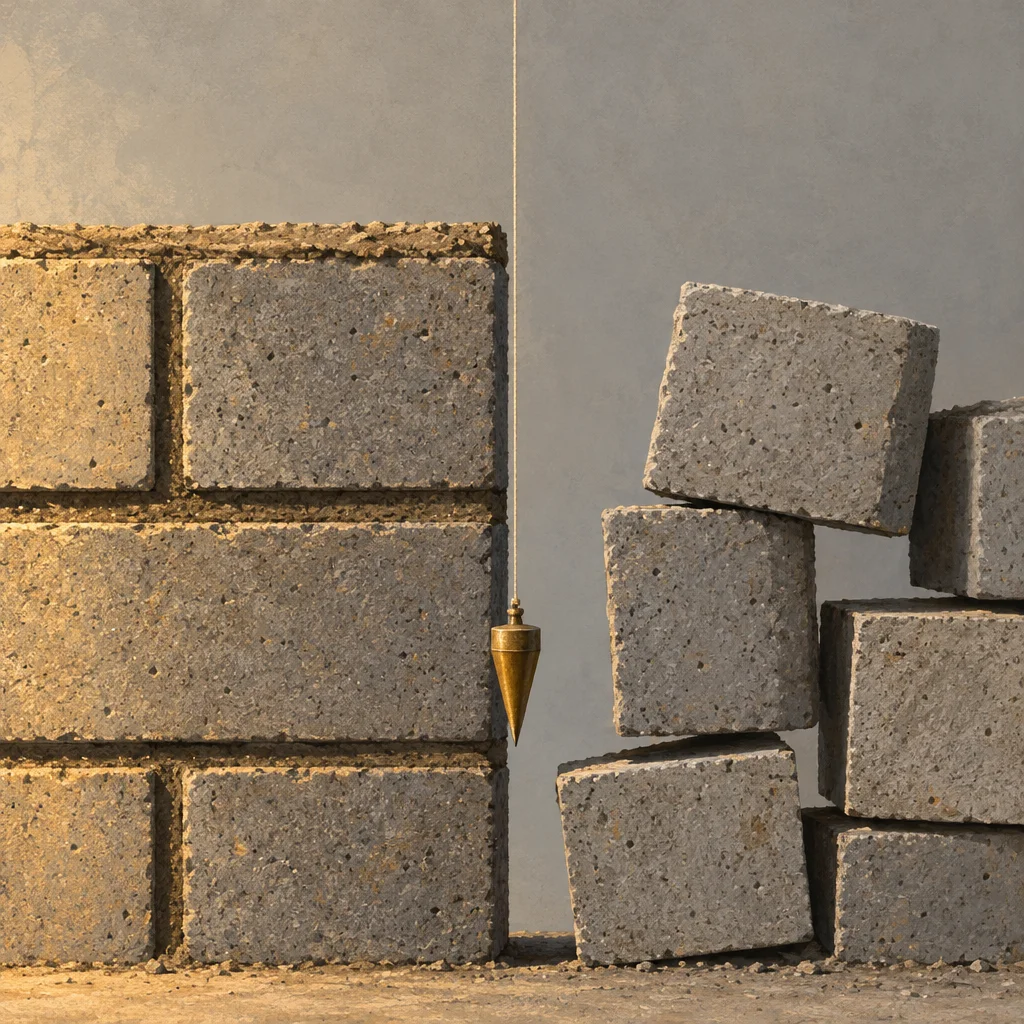 A brass plumb bob suspended on a string hangs vertically at the seam between a neatly coursed and mortared concrete block wall on the left and a haphazard pile of loose, unjointed concrete blocks tumbling on the right, all set against a gray concrete background with sandy ground below.