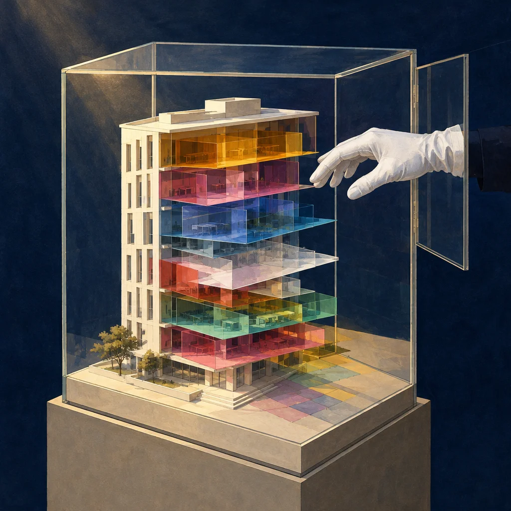 A white-gloved hand reaches through the open panel of a glass display case enclosing a detailed multi-story architectural scale model whose floors are rendered in translucent colored panels of orange, pink, blue, red, teal, and yellow revealing furnished interior spaces on each level, mounted on a plinth against a dark blue background.
