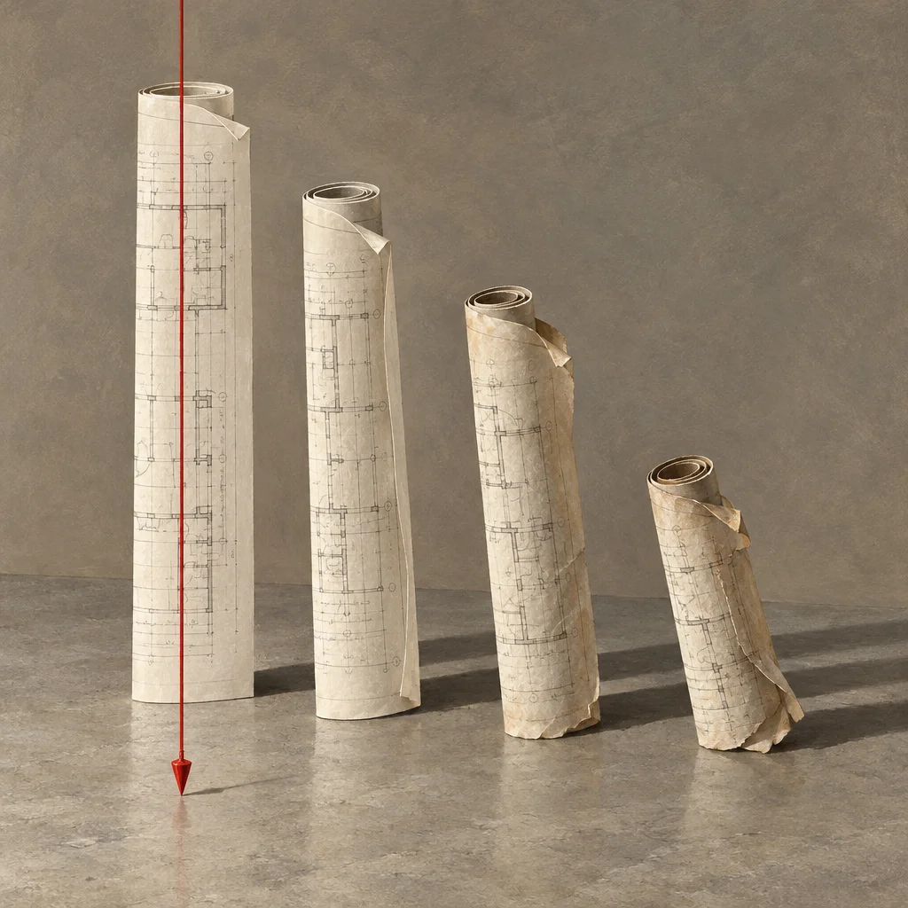 Four vertically standing rolls of architectural floor-plan drawings decrease in height and condition from left to right, with the tallest roll on the left threaded by a hanging red plumb bob and string, progressing to a short, heavily aged and crumpled roll on the far right, all set against a neutral gray background on a concrete floor.