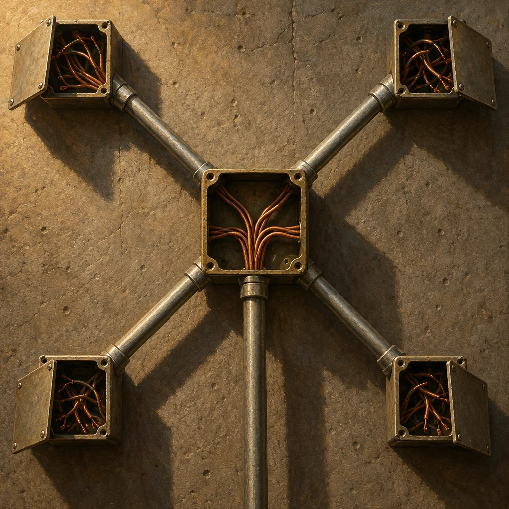 A square metal junction box mounted on a concrete wall contains copper wires that branch through four diagonal conduit pipes to four identical open metal boxes at the corners, each holding its own tangle of copper wire.