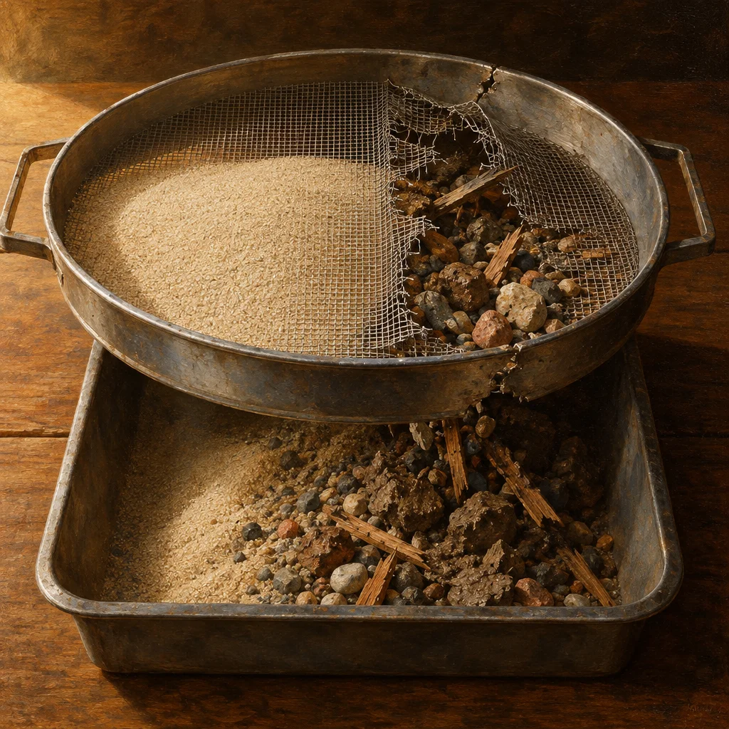 A round metal sieve with a partially torn wire mesh sits atop a rectangular metal tray, with fine sand mounded on the intact left half of the mesh while pebbles, stones, and wood fragments spill through the torn right half into the tray below, which already holds a mixed pile of sand, gravel, and debris.