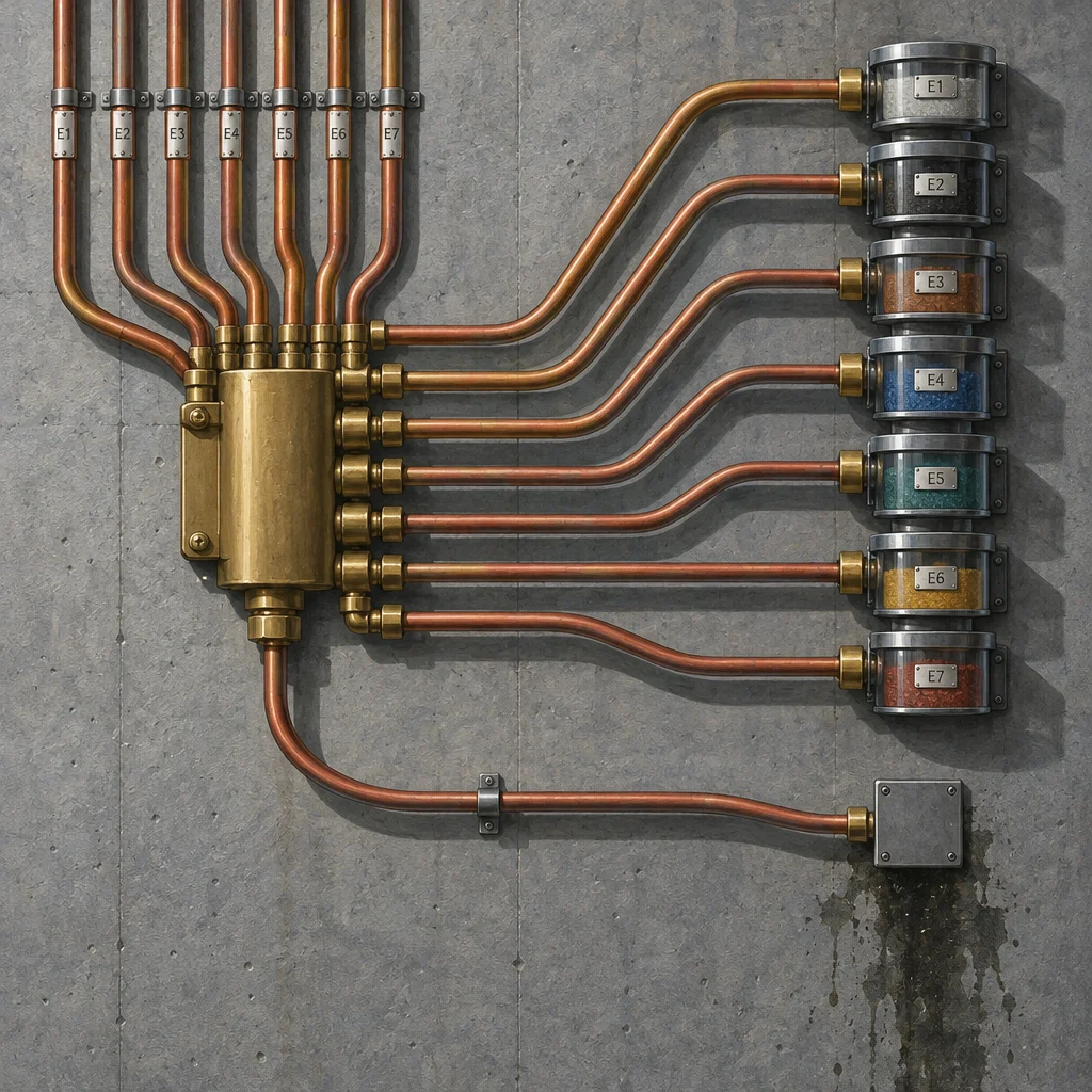 Seven copper pipes labeled E1 through E7 emerge from a central brass manifold mounted on a concrete wall, curve to seven stacked cylindrical metal receivers labeled E1 through E7 on the right, while an eighth unlabeled copper pipe routes downward along the wall to a plain gray metal box in the lower right corner beneath a water stain.