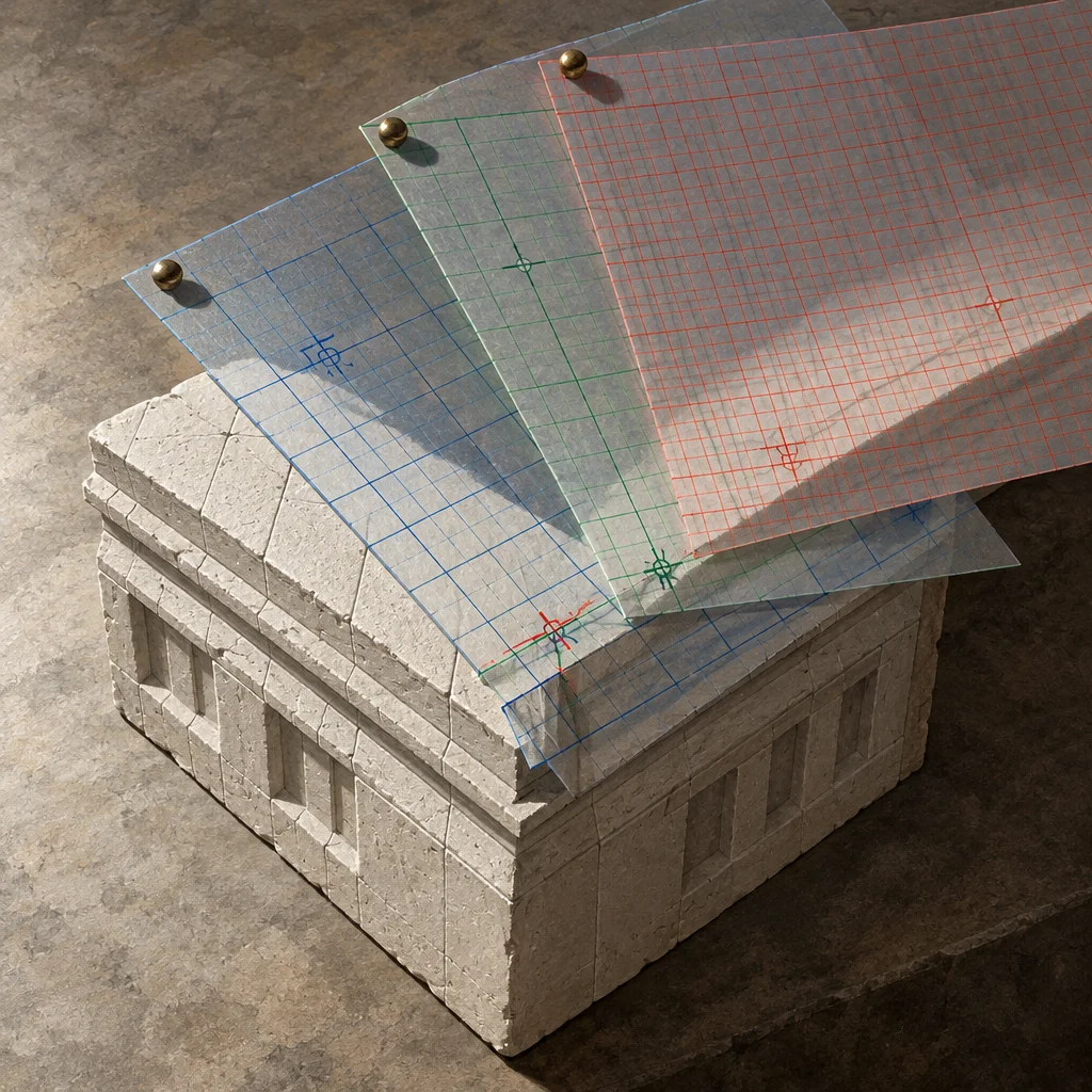 Three semi-transparent sheets printed with blue, green, and red grid lines, each marked with crosshair registration symbols, are pinned by two brass tack knobs and spread in a fan above a small white stone classical building scale model resting on a gray concrete floor.