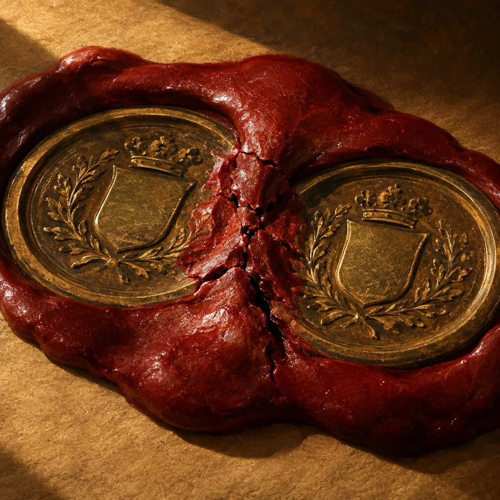 A large dark red wax seal on aged parchment paper bears two identical brass heraldic medallions each depicting a crowned shield flanked by laurel branches, with a deep crack splitting the wax between them.