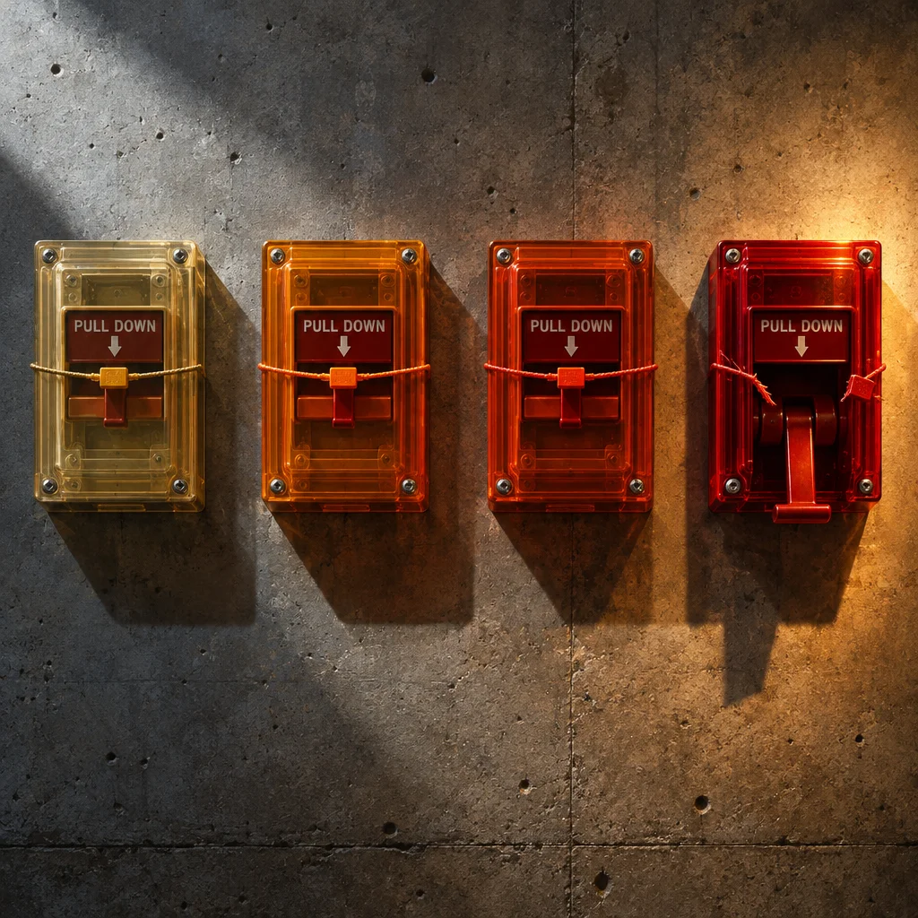 Four wall-mounted fire alarm pull stations in transparent plastic housings progress left to right from pale yellow to orange to dark orange to bright red, with the rightmost cover shattered open and its pull handle visibly activated, all set against a concrete wall lit by a warm spotlight from the upper right.