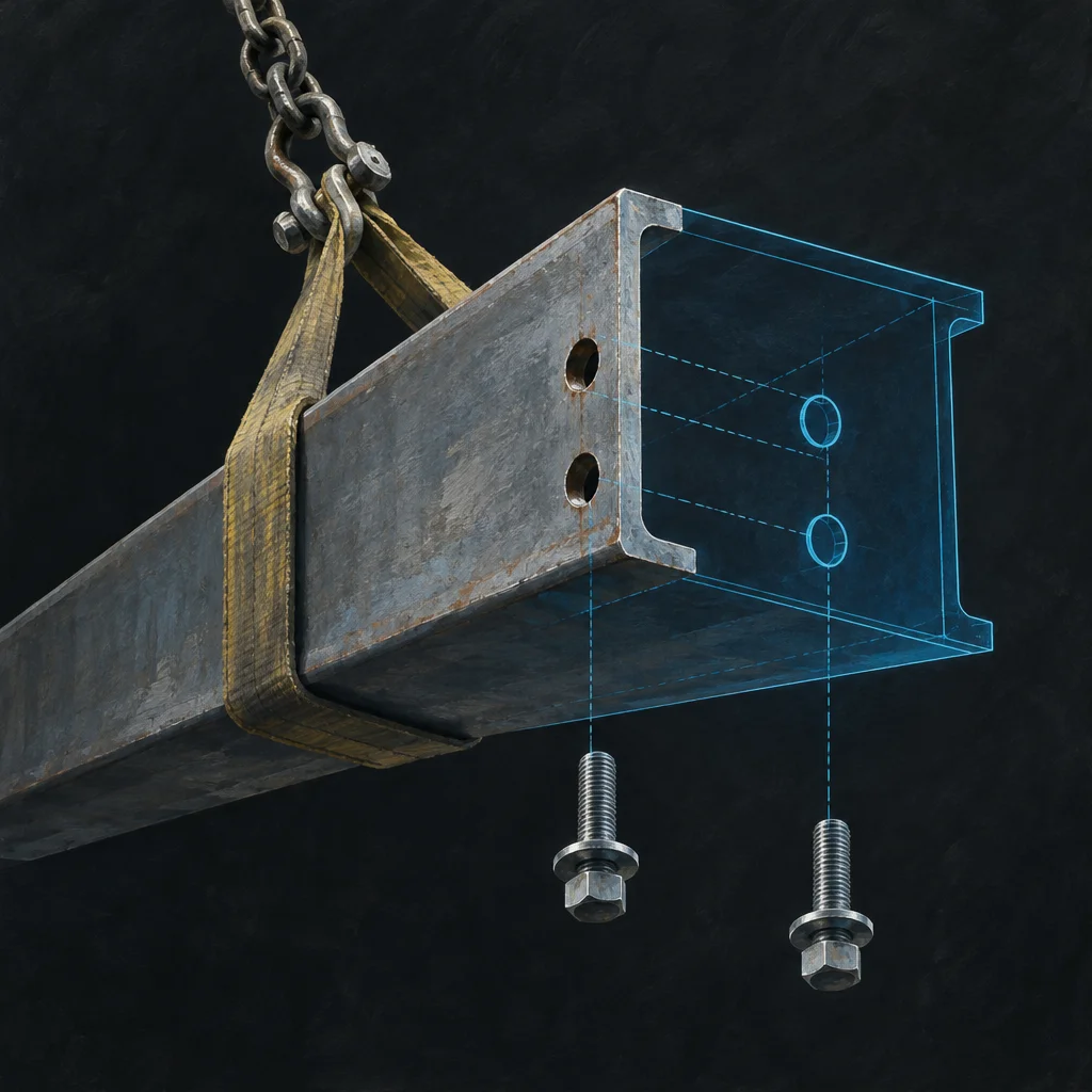 A weathered steel I-beam suspended by a yellow lifting strap and chain has two circular holes drilled through its web, while a glowing cyan wireframe overlay on the right half of the beam shows matching hole positions connected by dashed lines to two stainless hex bolts hanging freely in mid-air below the beam against a dark background.