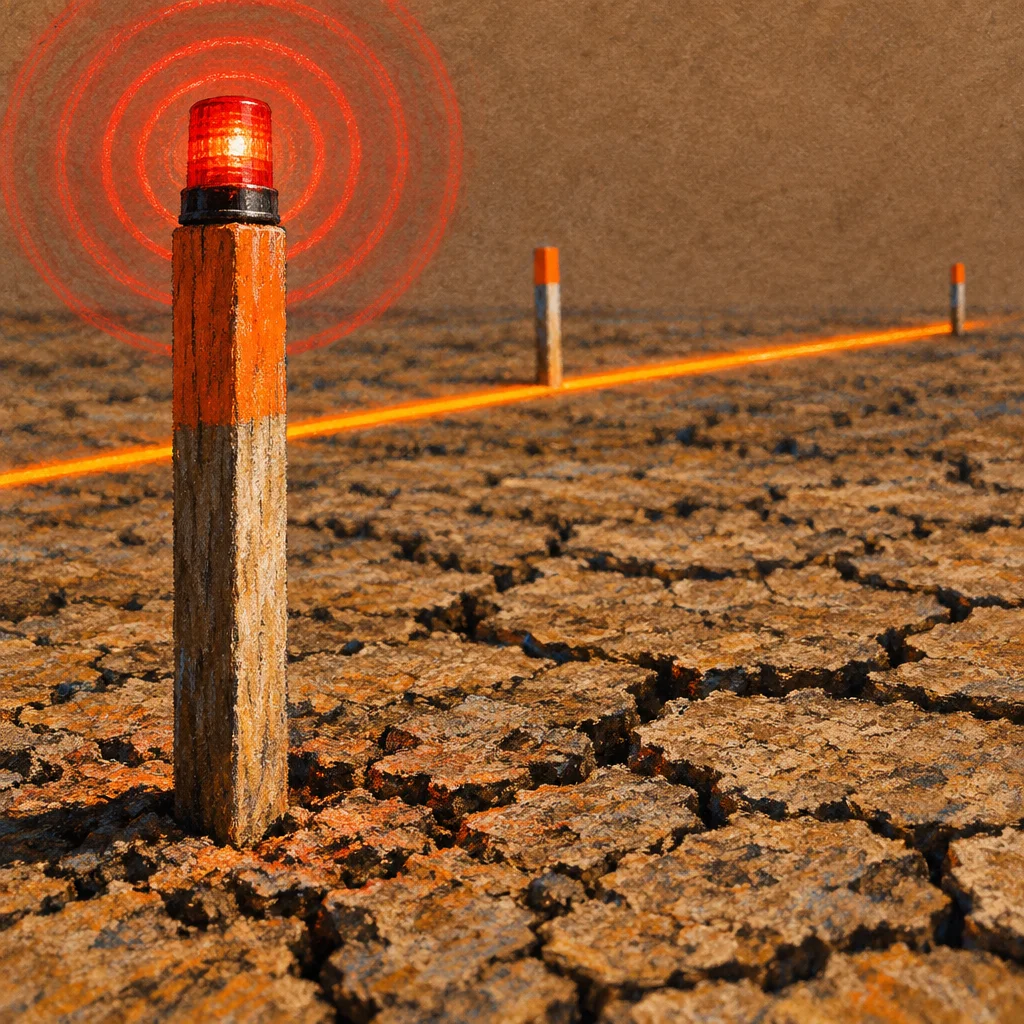 A wooden stake topped with a red flashing beacon emitting concentric red signal rings stands in the foreground of deeply cracked, drought-parched earth, with an orange boundary line stretching diagonally to two smaller orange-and-white stakes receding into the background.
