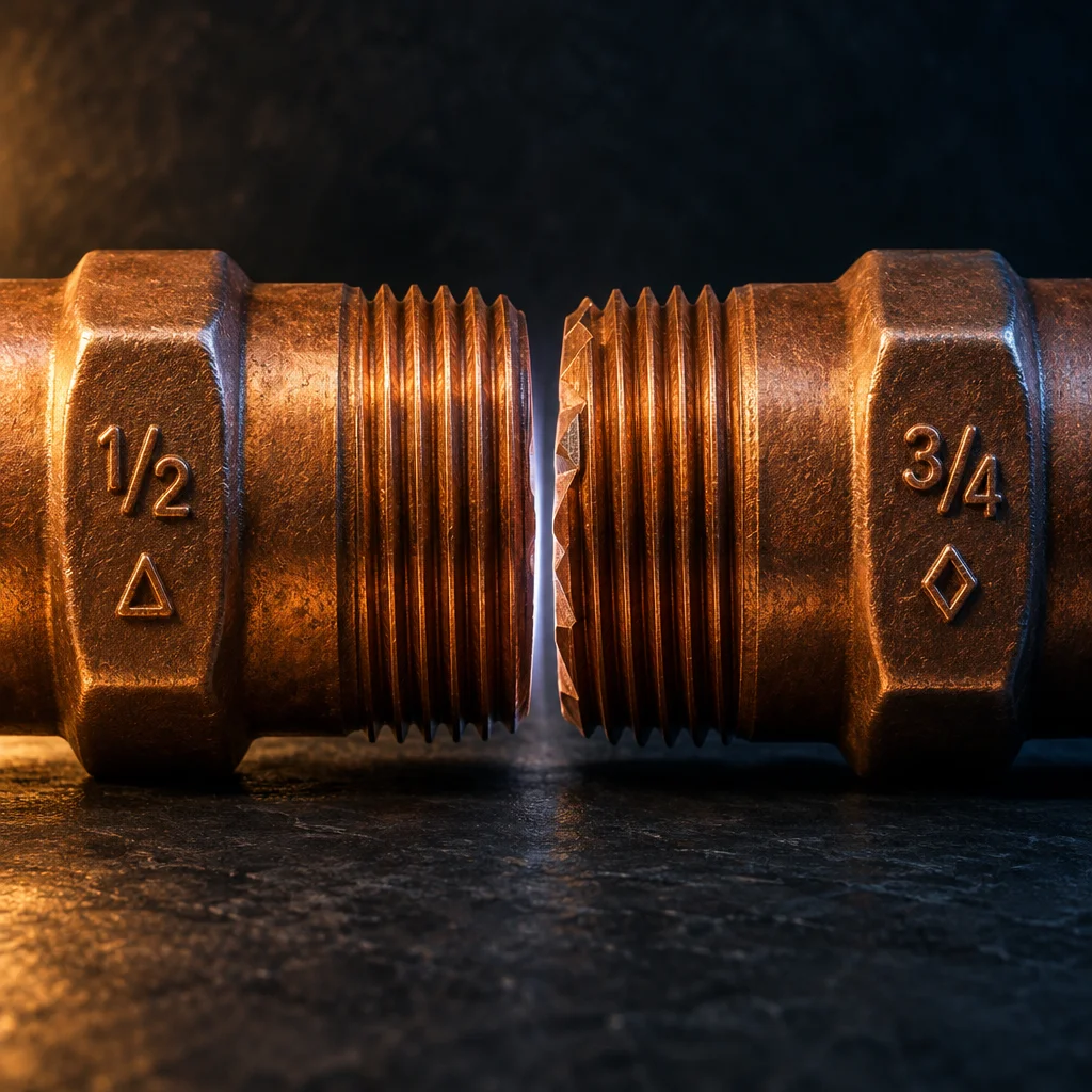 Two warm-toned brass hex fittings marked 1/2 with a triangle symbol and 3/4 with a diamond symbol face each other on a dark stone surface, their mismatched male threads nearly touching at center with a gap of light visible between them where the threads fail to align.