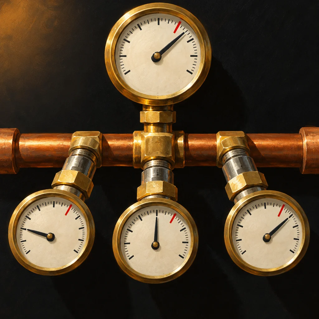 Four brass pressure gauges with white dials and black and red indicator needles are mounted on a copper pipe manifold against a dark background.