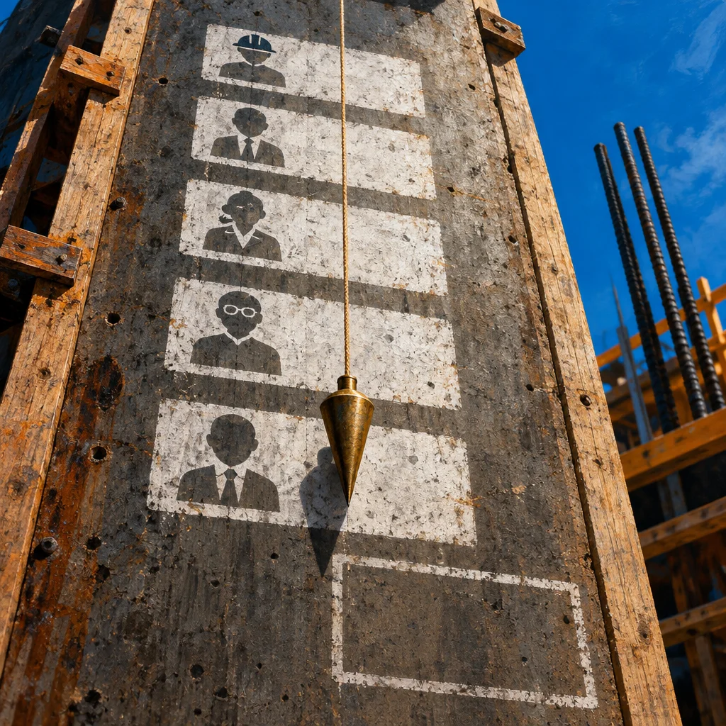 A brass plumb bob suspended by a cord hangs against a rough concrete column stenciled with five white-bordered portrait icons arranged vertically from a hard-hat worker at the top through increasingly formal figures to a bald suited figure, with a single empty white-bordered box at the bottom, framed by weathered wood formwork and rebar against a blue sky.