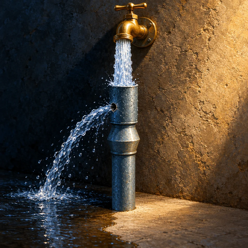 A brass wall-mounted faucet pours water forcefully into the top of a vertical galvanized metal pipe, which overflows and sprays a pressurized stream sideways through a hole, sending water cascading onto a wet stone floor in a dimly lit space.