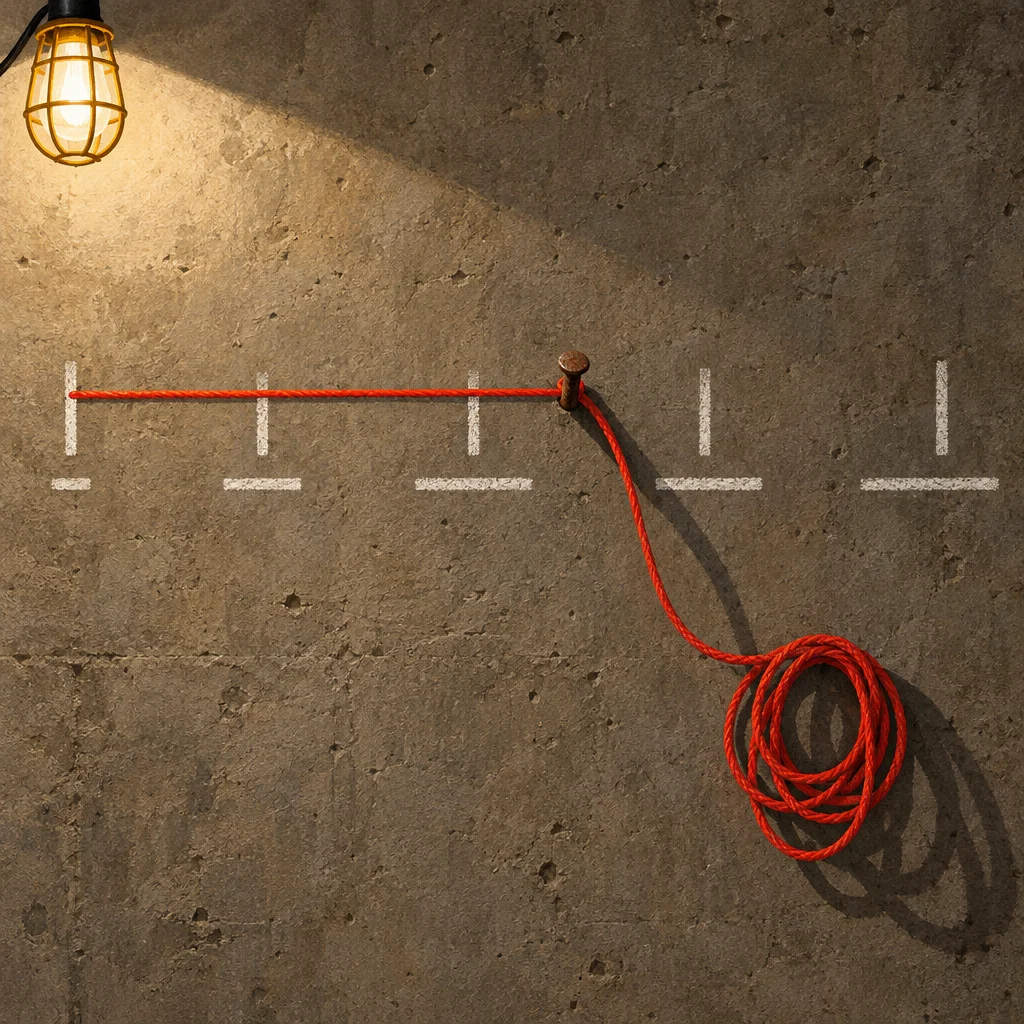A red braided rope stretches horizontally from the left edge of a chalk-drawn ruler scale on a concrete wall, stopping at a nail mid-scale where the remaining rope hangs coiled below, lit by a caged work lamp in the upper left corner.